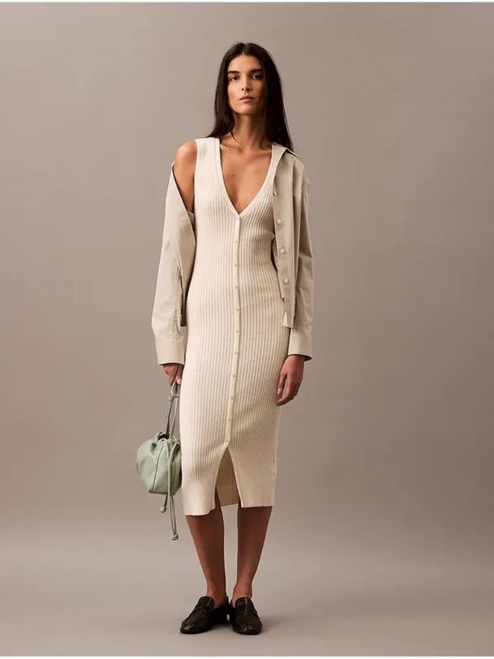 Calvin Klein 90s Minimalist Ribbed Knit Midi Dress Ivory Cream XL Button Front